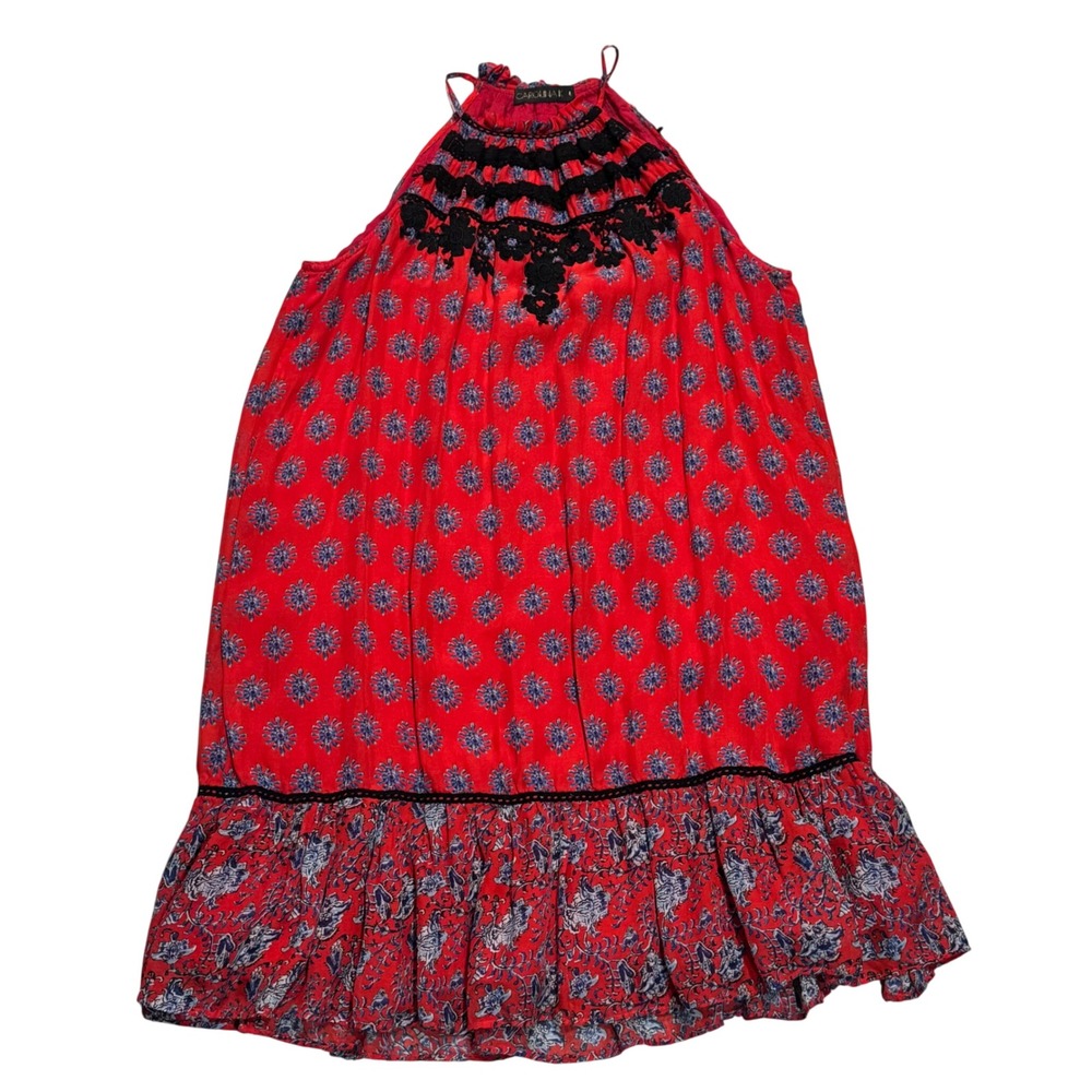 Carolina K Fiore Halter Dress Lg Red Silk Chiffon Embroidered Lace Mini $450